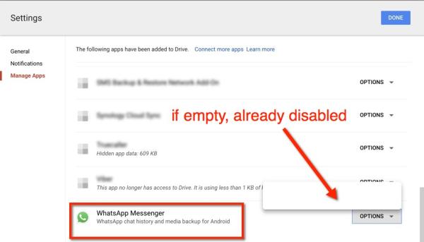 How to disable WhatsApp Google Drive backups - empty already